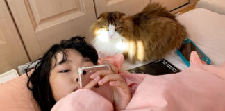 風邪をひいた女の子を見守る猫