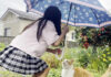 猫に傘を差し出す女の子