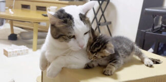 ダンボール箱で思い出作りをする子猫
