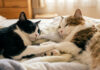 手をつなぎながら眠る猫夫婦