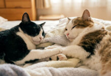 手をつなぎながら眠る猫夫婦