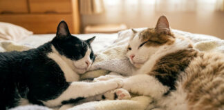 手をつなぎながら眠る猫夫婦