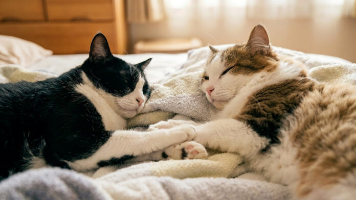 手をつなぎながら眠る猫夫婦