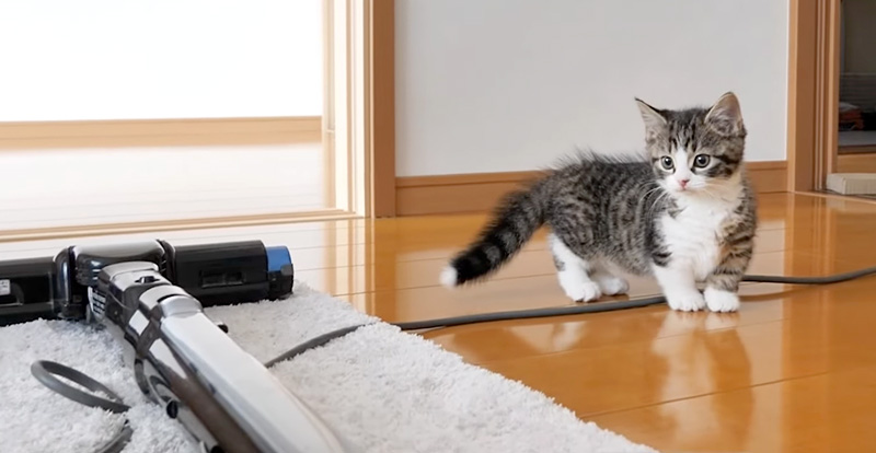 掃除機に近づく子猫