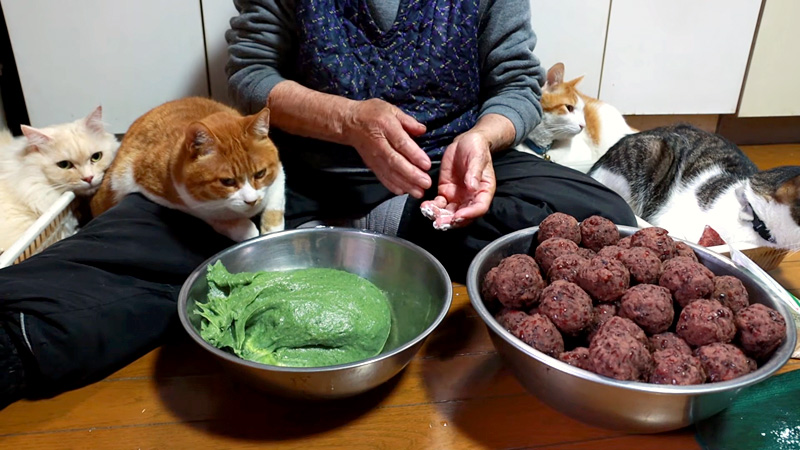 おばあちゃんの草餅作りを応援する猫達